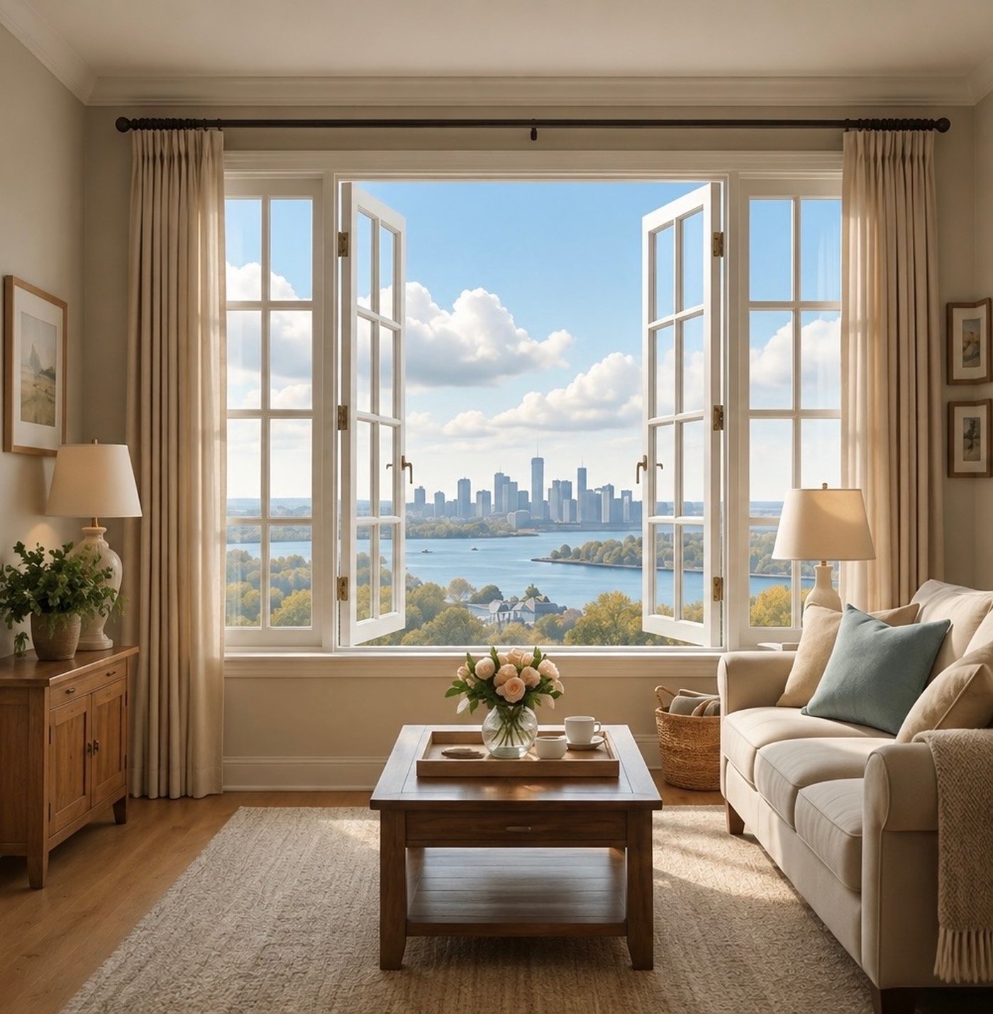 Open window with New York City skyline view